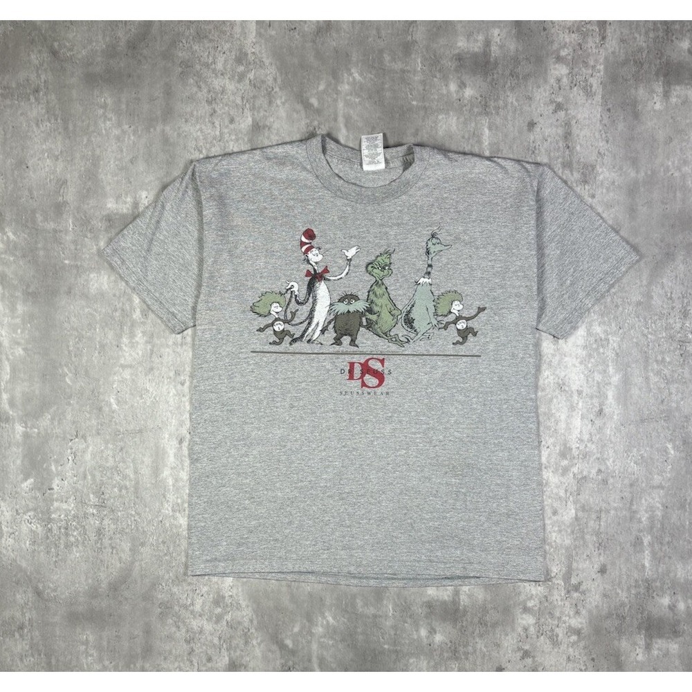 Vintage 90s Dr Seuss Cartoon T Shirt Mens Large Gray Heavyweight Made in USA